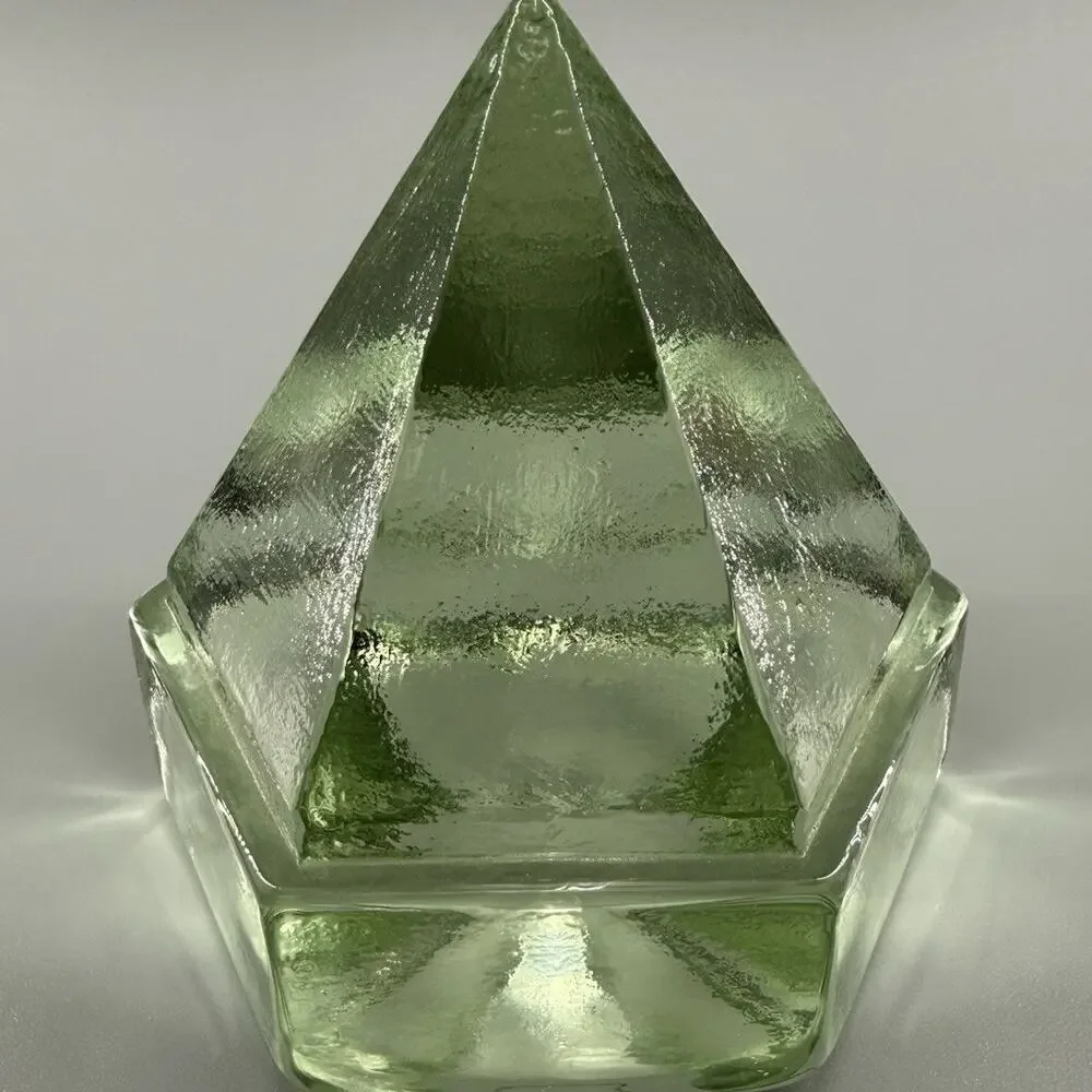 Vintage Green Glass Pyramid Paperweight Geometric Art Glass Sculpture Decor